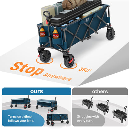 Timber Ridge 51.2" Extended Collapsible Wagon - Heavy-Duty Utility Cart with All-Terrain Wheels, Brakes & Cargo Net, 400L Capacity for Camping, Sports & Shopping, Blue