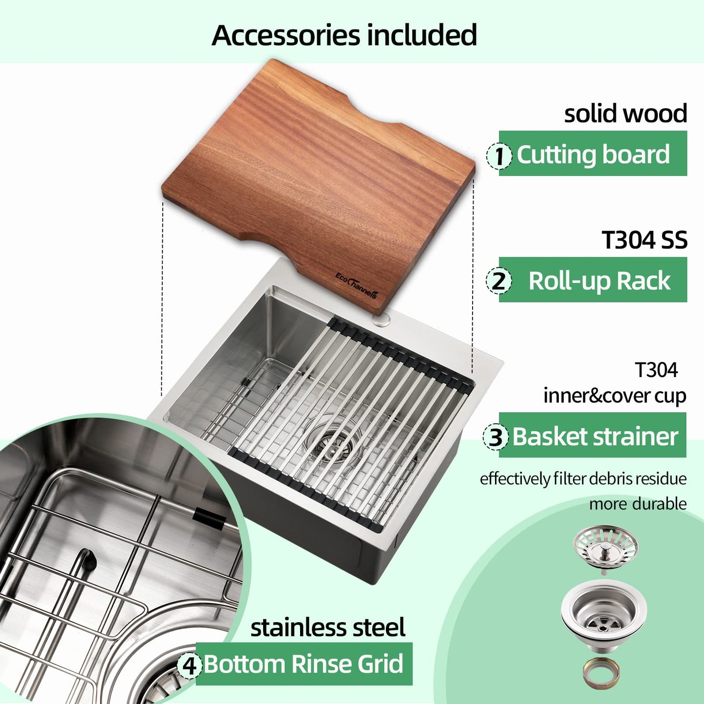 EcoChannels Kitchen Sink, 21 x 20 x 10 Drop in Kitchen Sink 16 Gauge Stainless Steel Kitchen Sinks Single Bowl Workstation Sink with Cutting Board