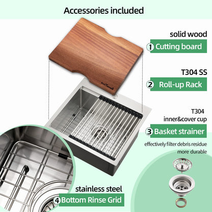 EcoChannels Kitchen Sink, 21 x 20 x 10 Drop in Kitchen Sink 16 Gauge Stainless Steel Kitchen Sinks Single Bowl Workstation Sink with Cutting Board