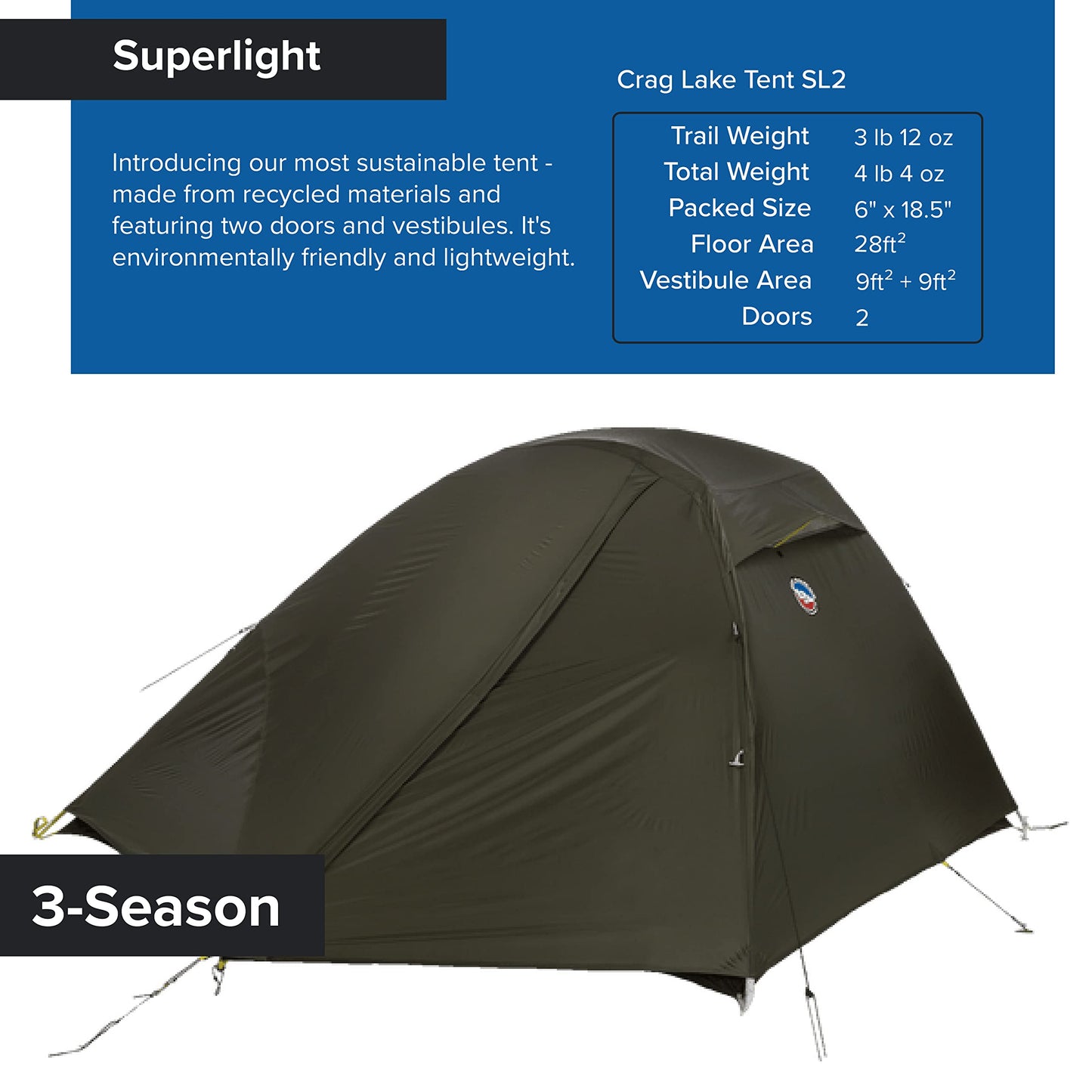 Big Agnes, Crag Lake SL2 Tent, Dark Olive, 2 Person