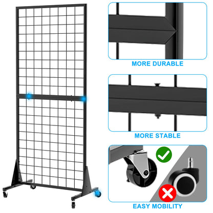 QKOSMTL 3-Pack Gridwall Panel Display Stand, 2'x5.5' Heavy Duty Floor Standing Rack with Detachable Girdwall, Movable Silent Wheel, Easy to Transport, Ideal for Retail & Craft Fairs