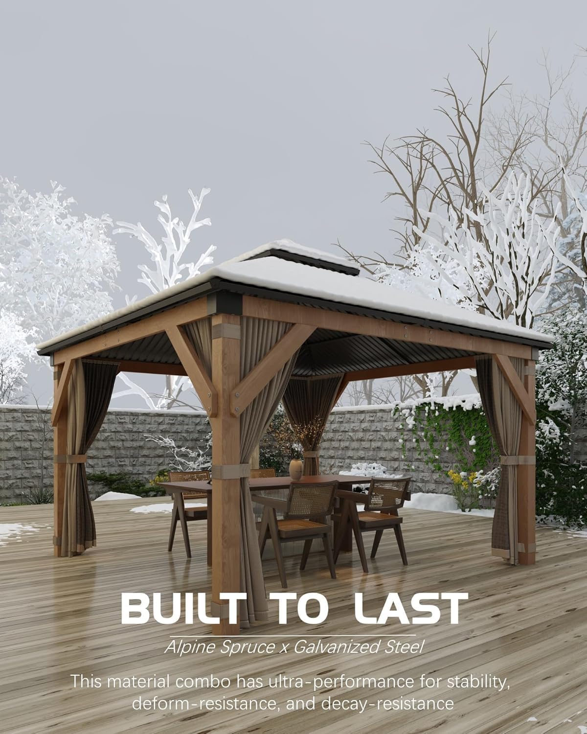 PeakPursuit Heavy Duty Hardtop Spruce Wood Gazebo 10'x10' – Double Metal Roof, 4.7'' Reinforced Poles, Waterproof Outdoor Pavilion with Curtains & Mosquito Netting – Ideal for Patio, Deck, Backyard