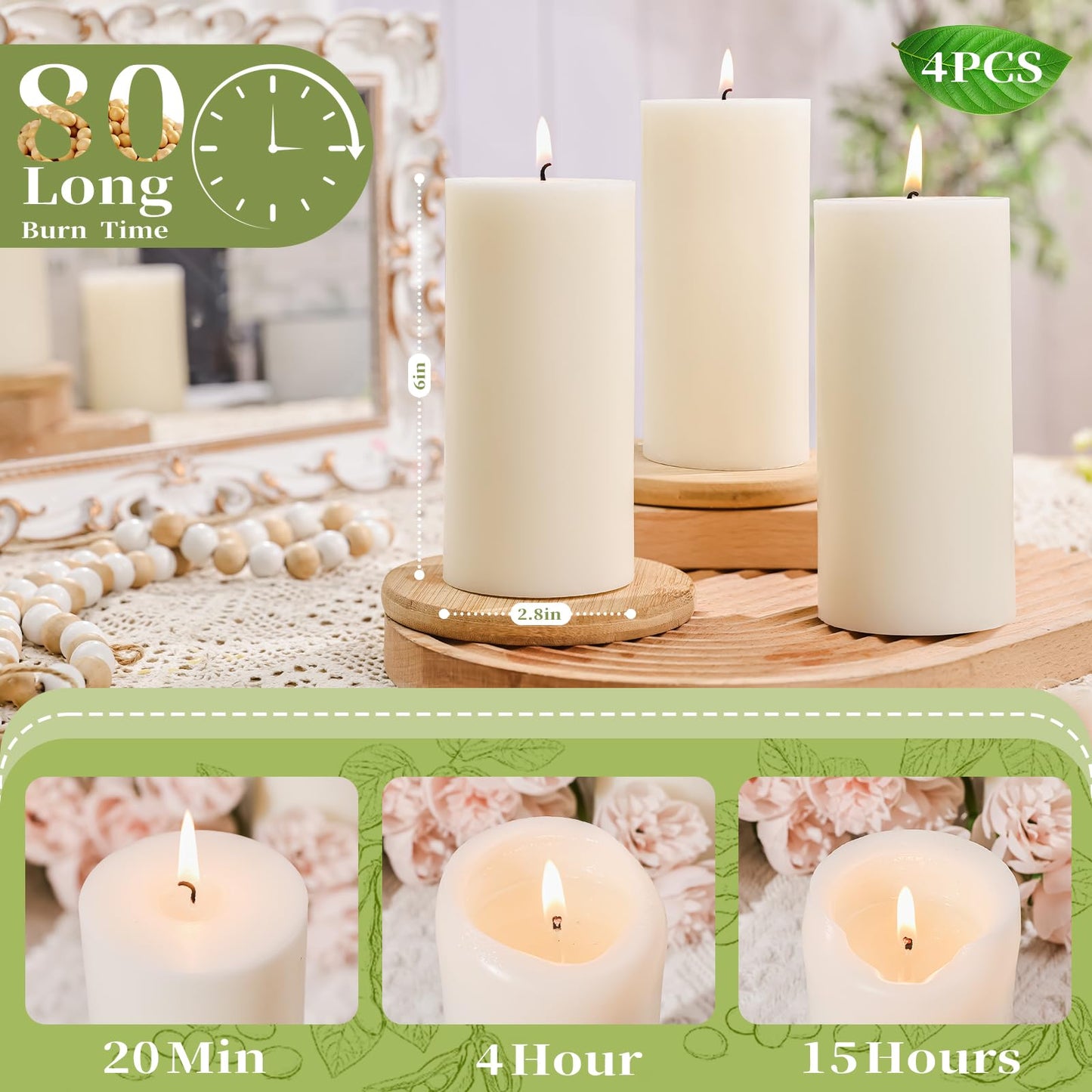 4 Pack Soy White Pillar Candles,Natural Soybean Hand-Poured Pillar Candles-344 H Long Lasting Burning,Non Toxic,Smokeless Unscented Soy Candles Dinner Table for Wedding Church,Emergency-2.8x6in