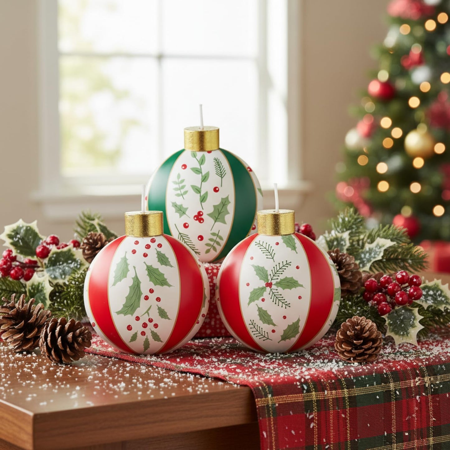 Lounsweer 4 Pcs Rustic Holly Berries Ball Candles Christmas, Round Ball Ornament Candles 3 Inch Unscented Decorative Sphere Candle for Weddings Christmas Home Decoration Gifts