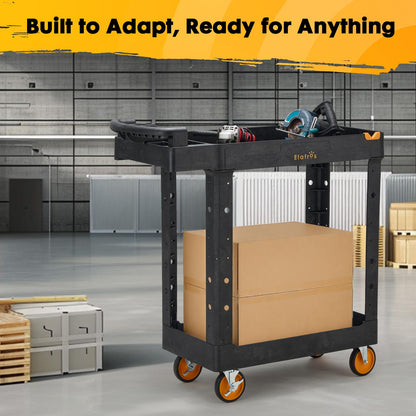ELAFROS 2-Tier Utility Cart with Deep Shelves, Ergonomic Handle, 5" All-Swivel Wheels (2 with Brakes), Heavy Duty Rolling Cart Holds 550 lbs, 41.3 x 16.8 x 40.9 in