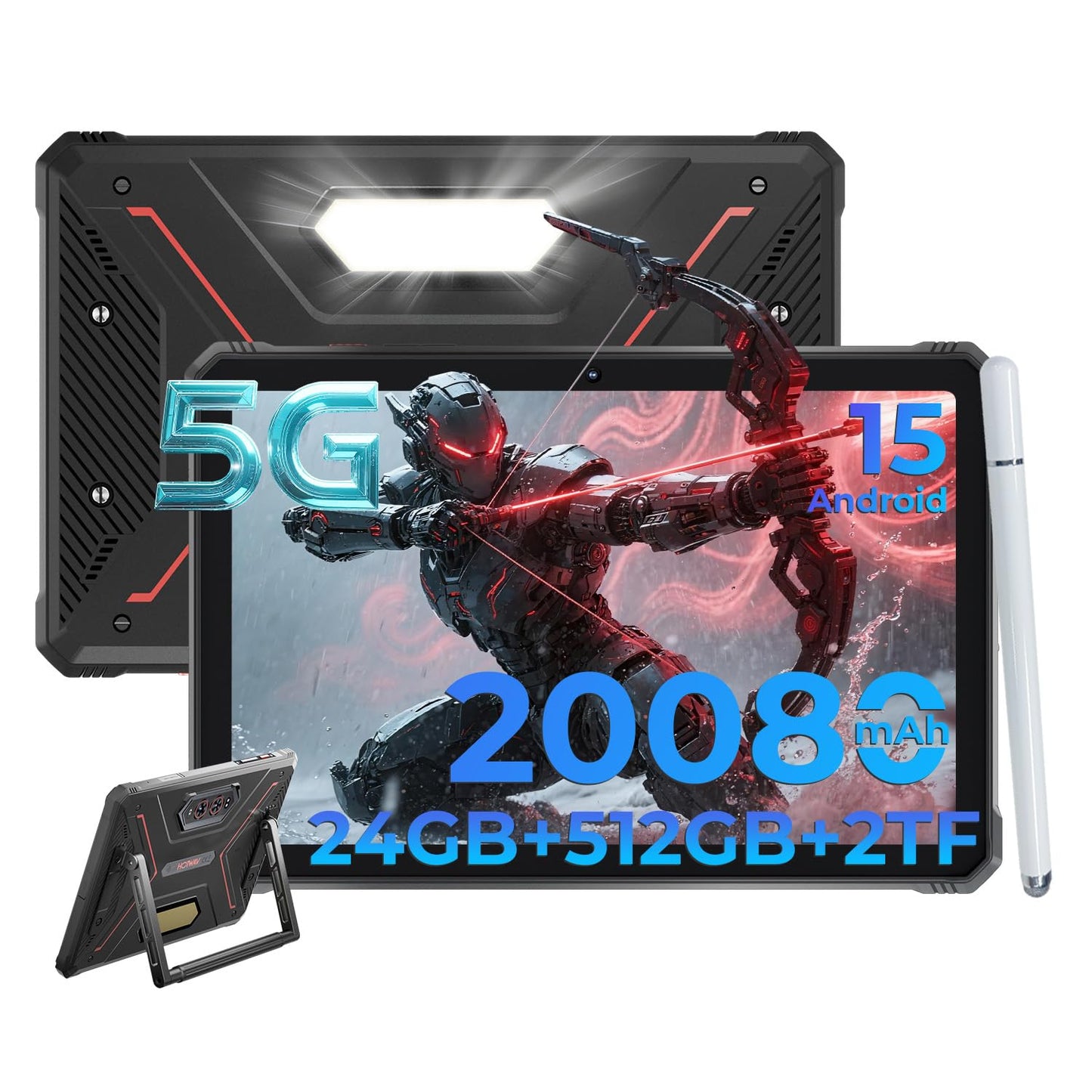 HOTWAV R9 Ultra 5G 2025 Rugged Tablet Android 15, 11" FHD+ 120Hz 20080mAh Waterproof Tablet with Pen, Octa-Core 24GB+512GB/2TB TF, 64MP+16MP+20MP, Gemini AI/IP68&IP69K/5G LTE&WiFi/Face ID/OTG/GPS