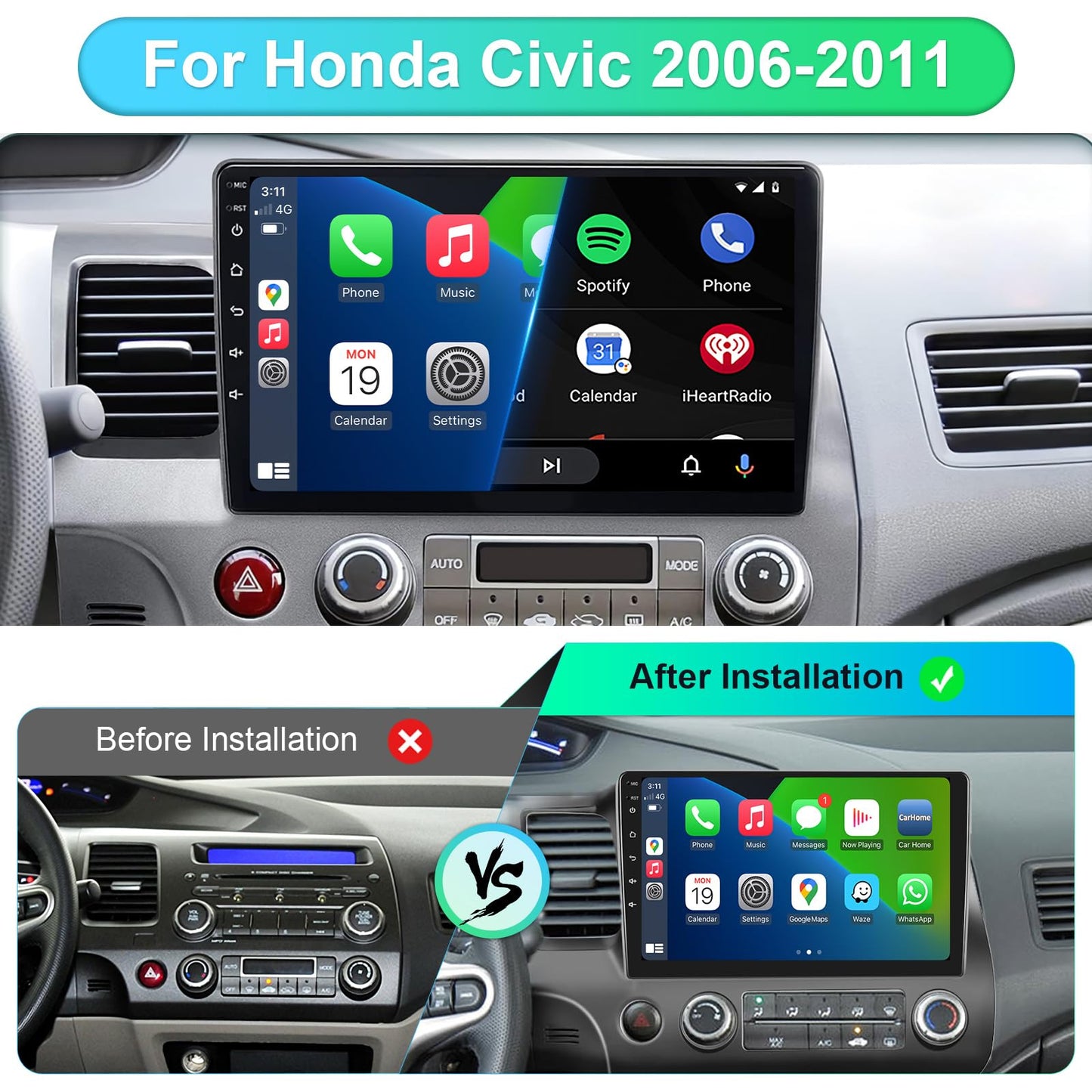 Car Stereo Radio for Honda Civic 2006 2007 2008 2009 2010 2011 with Wireless Carplay & Android Auto,10.1 Inch 1080P Touch Screen for Civic Radio with Bluetooth FM Mirror Link SWC No Camera