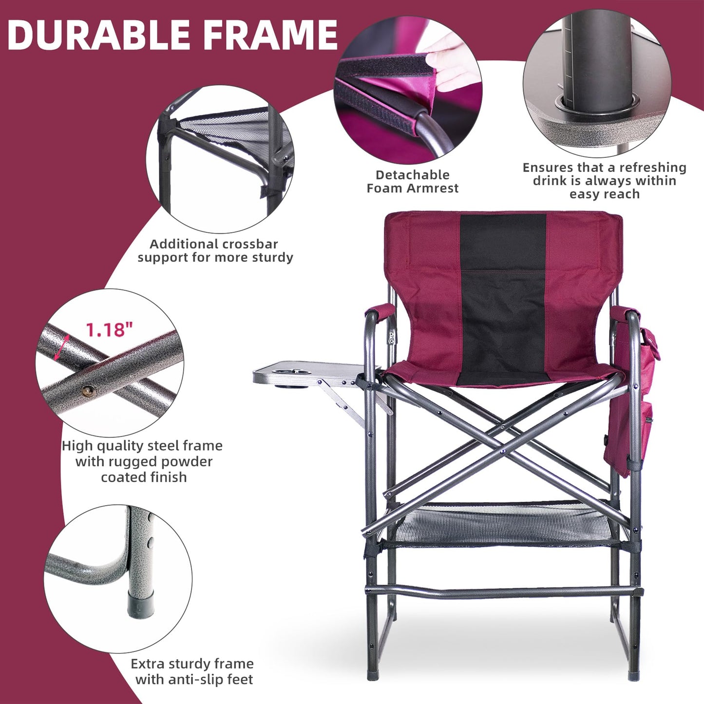 Foristrail 30" Tall Directors Chair with Side Table, 400LBS Bar Height Folding Camping Chair for Makeup Artists, Outdoor Events, Portable Foldable Chair with Cup Holder & footrest - Light Wine Red