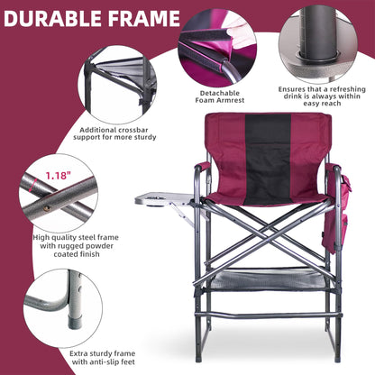 Foristrail 30" Tall Directors Chair with Side Table, 400LBS Bar Height Folding Camping Chair for Makeup Artists, Outdoor Events, Portable Foldable Chair with Cup Holder & footrest - Light Wine Red