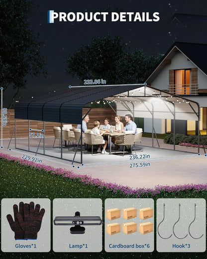 Garvee 20x20ft Heavy Duty Metal Carport, 2-Car Carport Kit with Solar Lights, RV Boat Trailer Steel Garage Shelter, Durable Color Steel Roof