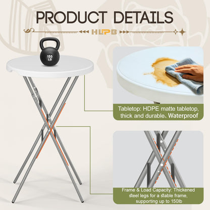 HLPB 28" Round Folding Table with Cover, Foldable Bar Height Table with Removable Legs, Cocktail Table with Handle and Locking Legs for Parties, Patio, Backyard, Wedding, Dining, White
