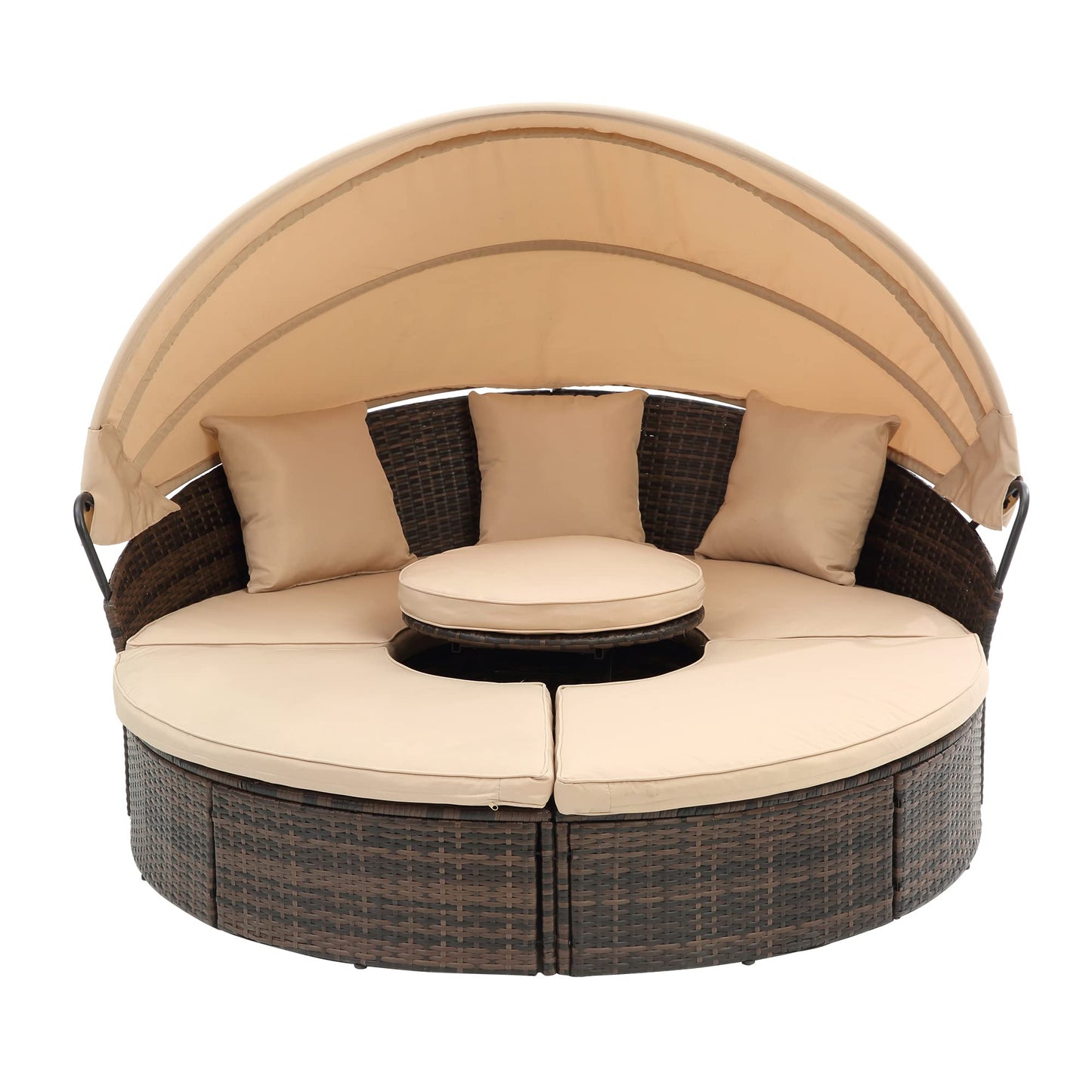 GDFStudio Outdoor Rattan Round Daybed with Canopy, Patio Wicker Lounge Bed with Lift-Top Coffee Table, Clamshell Sectional Seating Sofa Bed with Cushions & Pillows for Garden, Poolside, Beige