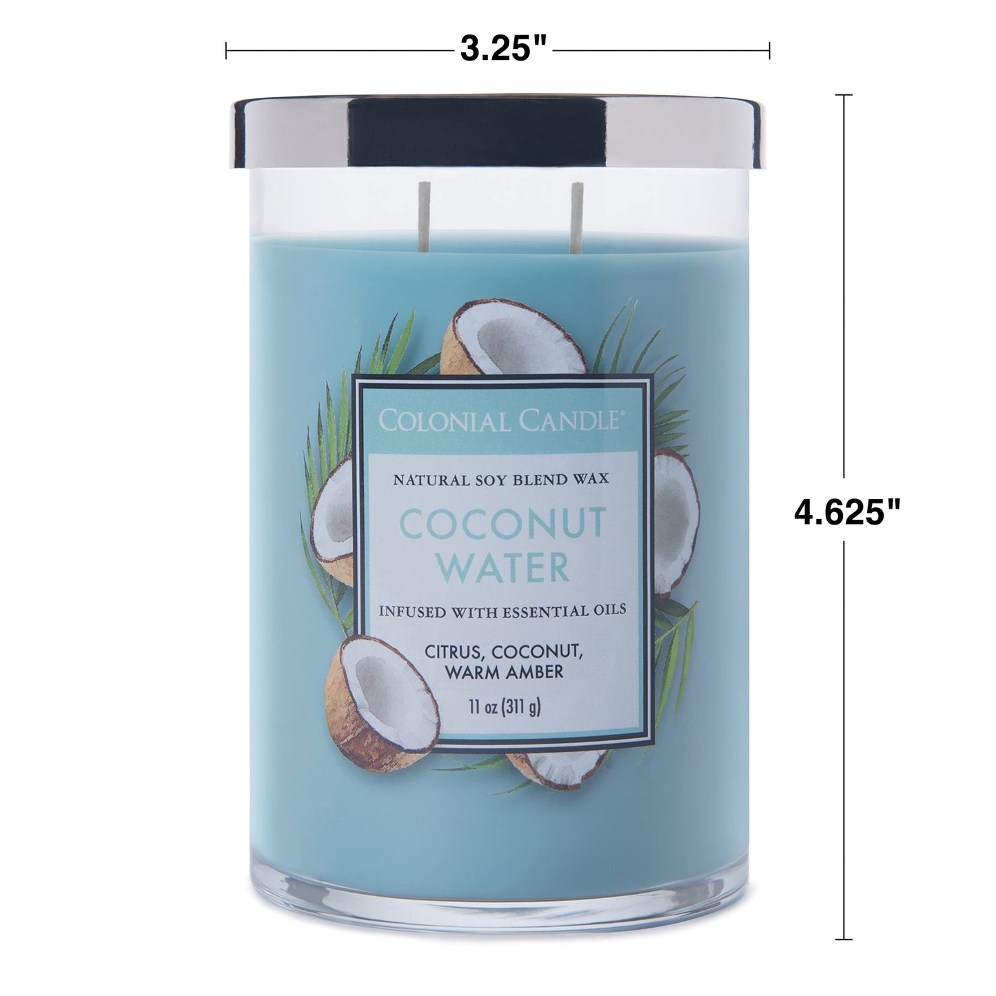 Colonial Candle Coconut Water Scented Jar Candle, Classic Cylinders Collection, 2 Wick, Blue, 11 oz - Up to 80 Hours Burn