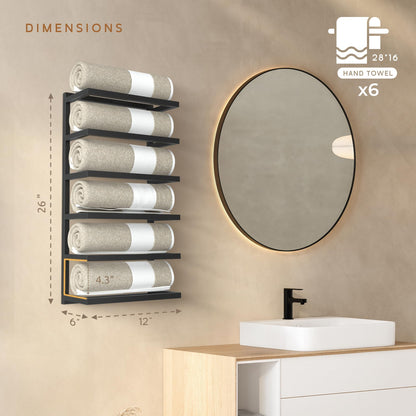 Wita Home Modern 5-Tier/6-Tier Towel Rack - Wall-Mounted Black Metal Towel Shelf for Bathroom, Space-Saving Storage for Towels, Organizers, and Home Decor (6-Tier)