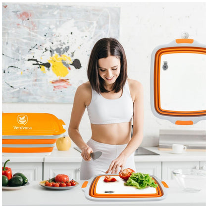 Verdvoca 1 Piece XXL & 2Pcs XL Collapsible BBQ Prep Tubs/Cutting Board with Lids for Fruit Prep & Washing, Meal Marinating and Food Storage (16L Orange +30L Black+16L Black)
