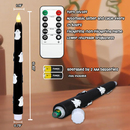 Halloween Ghost Flameless Taper Candles with Remote & Timer, Real Wax Black LED Taper Candles for Home Haunted House Halloween Party Decorations, Set of 2