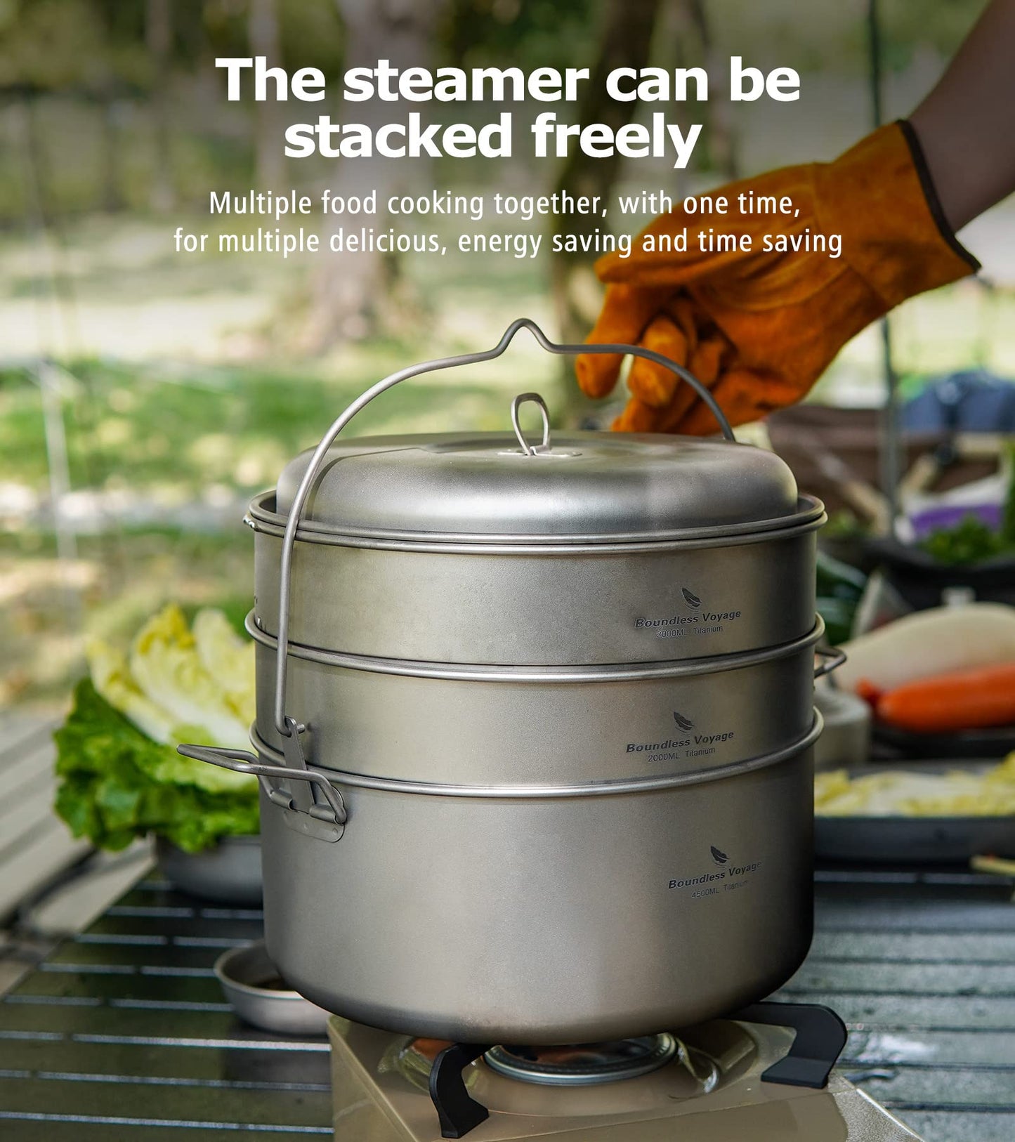 Boundless Voyage Titanium Food Steamer Pan Stock Pot Soup Pot Outdoor Hanging Pot Portable Travel Household Kitchenware Cooking Kit Hot Pot for Camping Picninc (Ti2114C(4.5 Pot+2l Steamer))