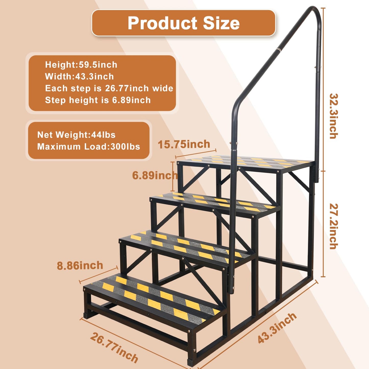 Kinchoix 4 Step RV Stairs, Hot Tub Steps, Outdoor Spa Step Ladder with Handrail,Portable Economy 5th Wheel Stair for Travel Trailer, Motor Home, Camper and Porch with Non-Skid Tapes