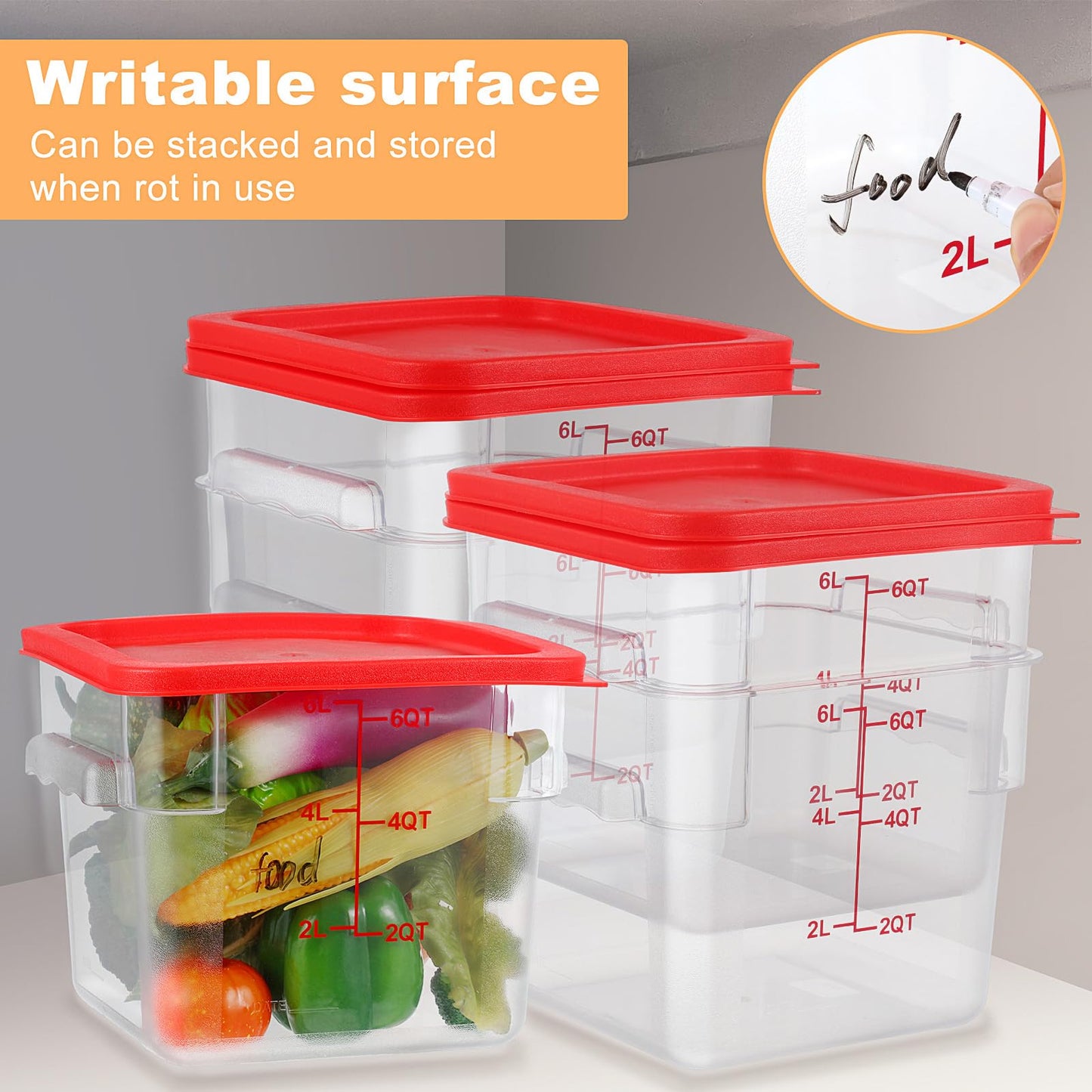 Ziliny 15 Sets 6 Qt Square Food Storage Containers with Lids Commercial Polycarbonate Containers Dough Proofing with Scale Clear Airtight Cereal for Pantry Home Restaurant
