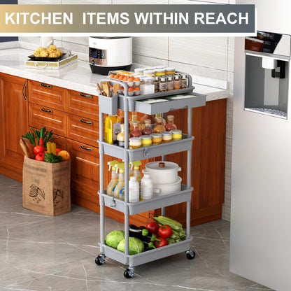 Goovilla 3 Tier Rolling Utility Cart Organizer with Removable Drawer, Stable and Sturdy Black Rolling Storage Carts with 2 Lockable Wheels for Bathroom, Kitchen, Snack, Craft, Makeup, Baby Essentials