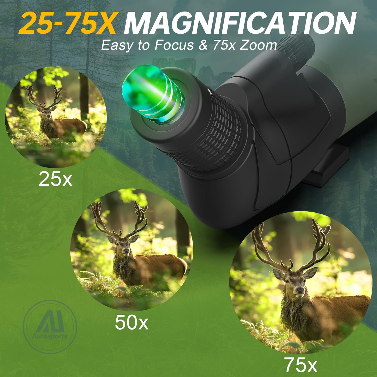 Aurosports 25-75X80 Spotting Scope with Tripod - BAK4 High Definition Waterproof Spotter Scope for Target Shooting Hunting Bird Watching, Scopes with Carrying Bag and Scope Phone Adapter (Green)
