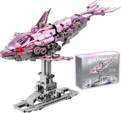 Mechanical Pink Dolphin Building Blocks Set Hand-Operated Motion Detailed Gear Design Display &amp Play Model Futuristic Ocean Animal Model