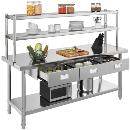 YITAHOME 72"x24" Stainless Steel Work Table with 3 Drawers & Upper Shelf, NSF-Certified Commercial Metal Table with 72"x12" Overshelf, Utility Prep Station