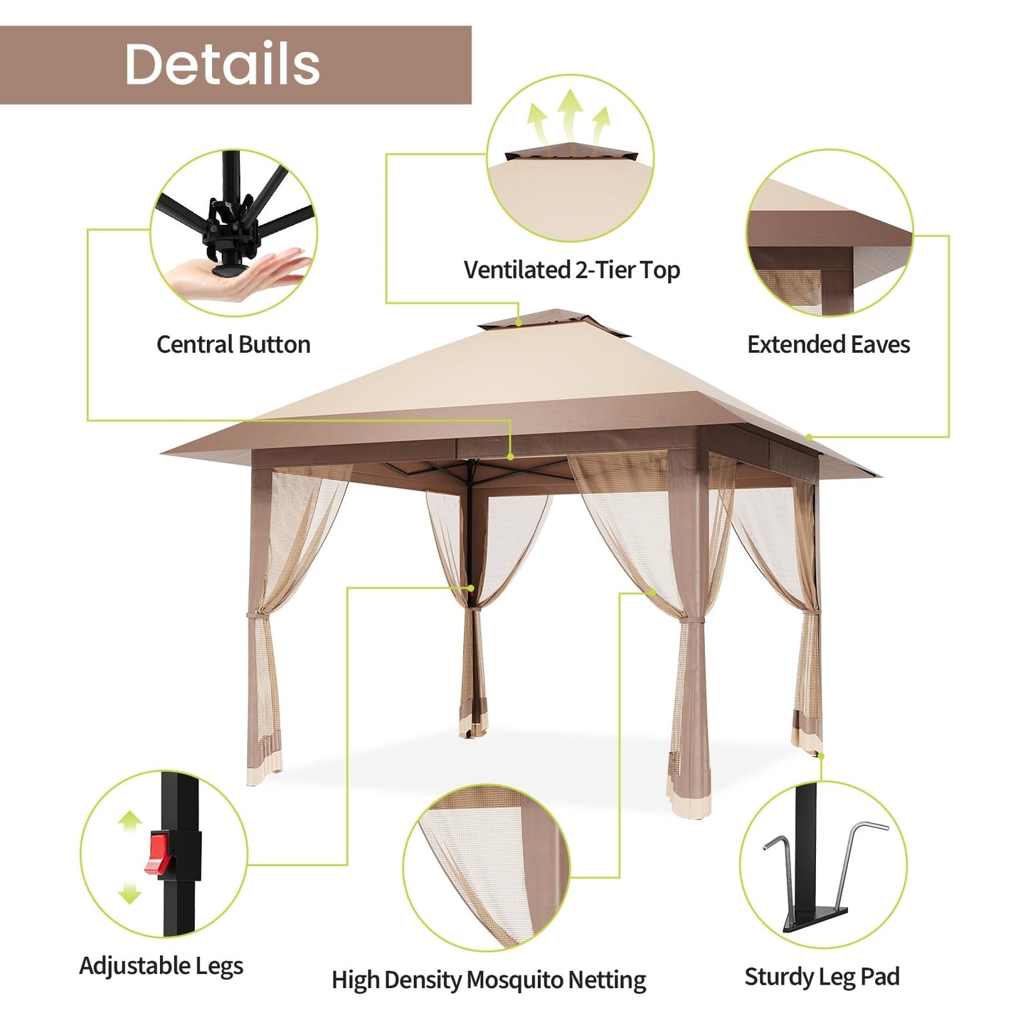 OutdoorVibe 13'x13' Gazebo, Pop Up Patio Gazebo Outdoor Canopy Tent with Double Roof Mosquito Netting & Portable Carry Bag for Backyard Lawn Deck Garden (Khaki)