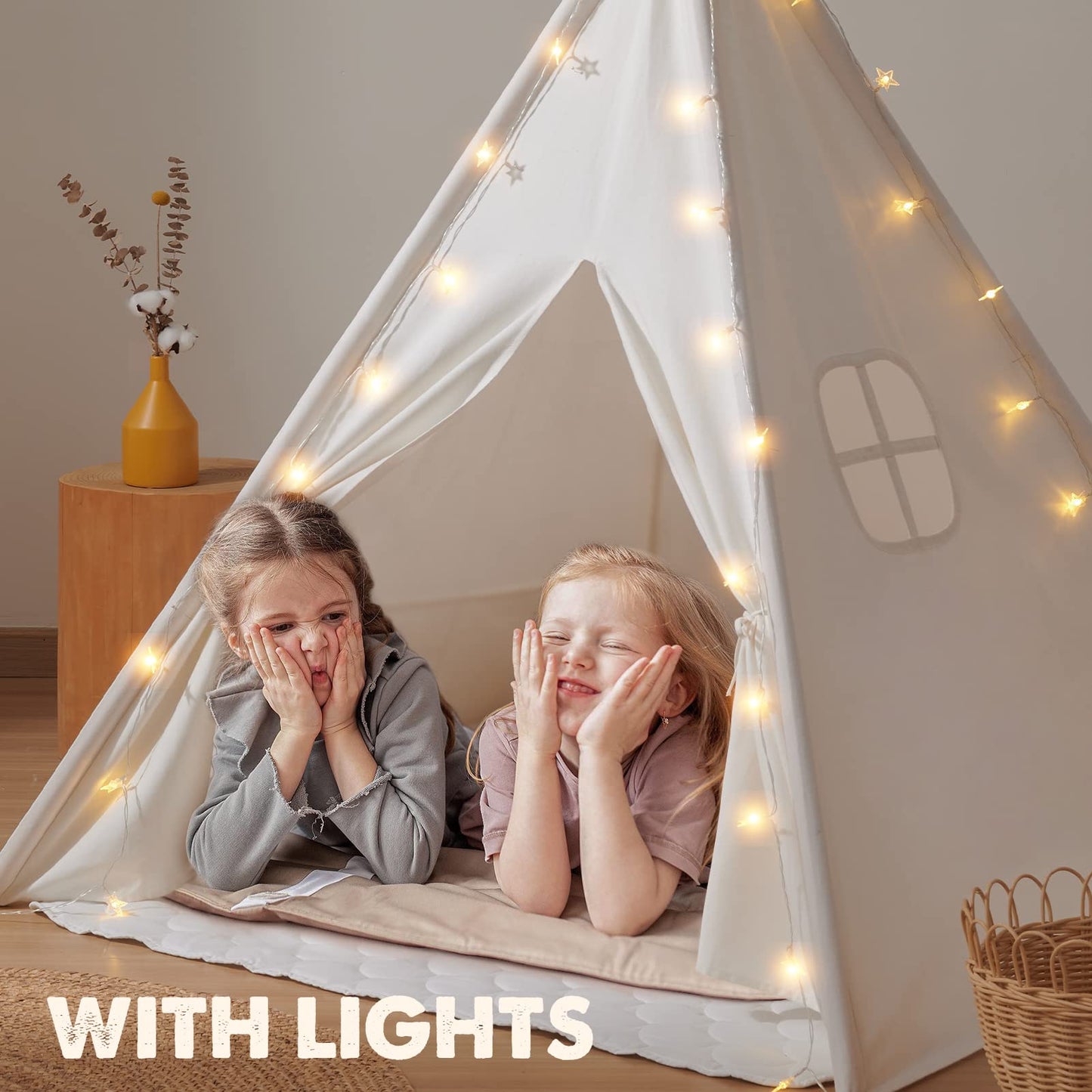 Tiny Land Teepee Tent for Kids – 100% Cotton Play Tent with Padded Mat & Star Lights, 3-in-1 Kids Play Tunnel with Ball Pit & Tent, Pop Up Crawl Tunnel for Toddlers