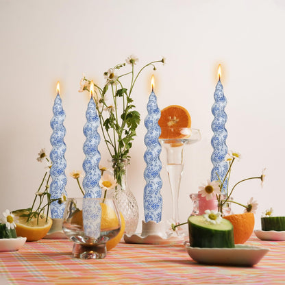 Unscented Floral Taper Candle Spiral Candlesticks - Set of 4 Handmade Blue Flower Twisted Candle 7.5 Inch Short Print Tapered Candles for Home Wedding Dinner Gifts
