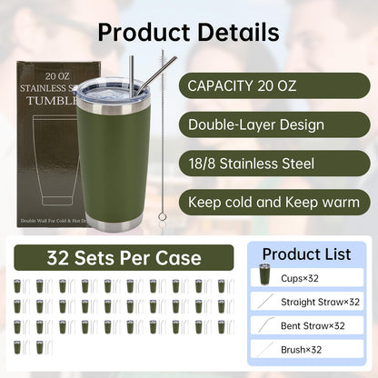 IEOVIEE 32 Pack, 20oz Stainless Steel Bulk Tumblers with Lids and Straws, Double Wall Insulated Travel Coffee Mug, Durable Powder Coated Tumbler Bulk Cup for Cold and Hot Drinks(Army Green)