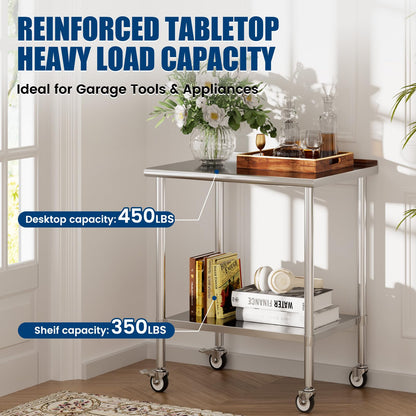 Chingoo Stainless Steel Work Table with Wheels, 24x36 Inch NSF Food Prep Table with Backsplash & Adjustable Undershelves for Commercial Kitchen, Restaurant, Garage
