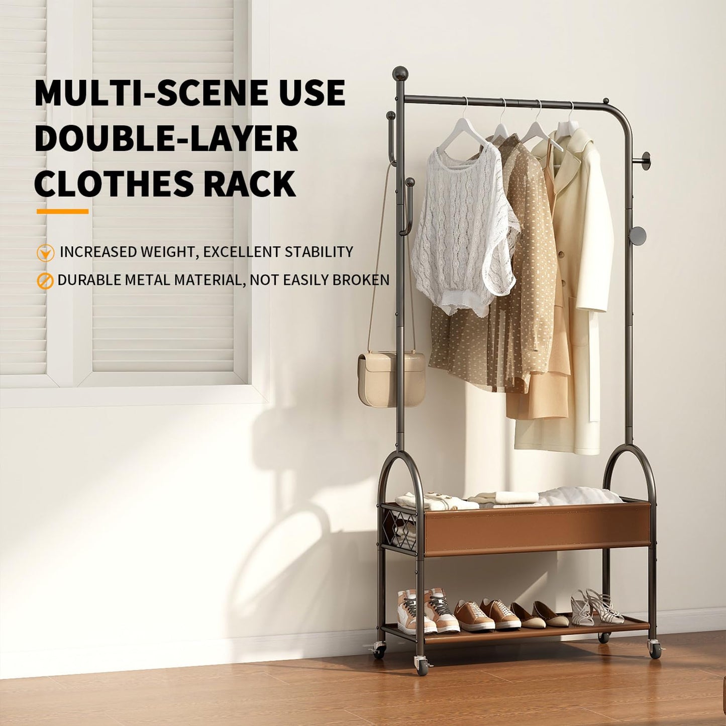 Portable Rolling Anywhere Clothes Racks for Hanging Clothes, Heavy Duty Metal Garment Rack, Freestanding Clothing Rack with Smooth-Rolling Wheels,Double Layers Wardrobe Rack Organize Everything