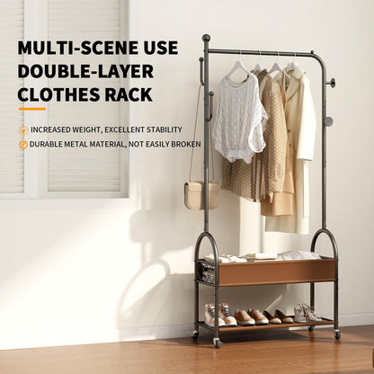 Portable Rolling Anywhere Clothes Racks for Hanging Clothes, Heavy Duty Metal Garment Rack, Freestanding Clothing Rack with Smooth-Rolling Wheels,Double Layers Wardrobe Rack Organize Everything