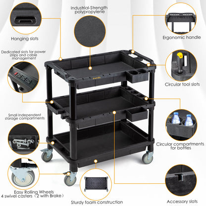 ELAFROS Multi-Use Utility Cart - 32.4x18.3 Heavy-Duty Service Cart with 3 Deep Shelves, Industrial-Grade Tool Cart Mobile Organizer, Rolling cart Holds up to 500 lbs, Black