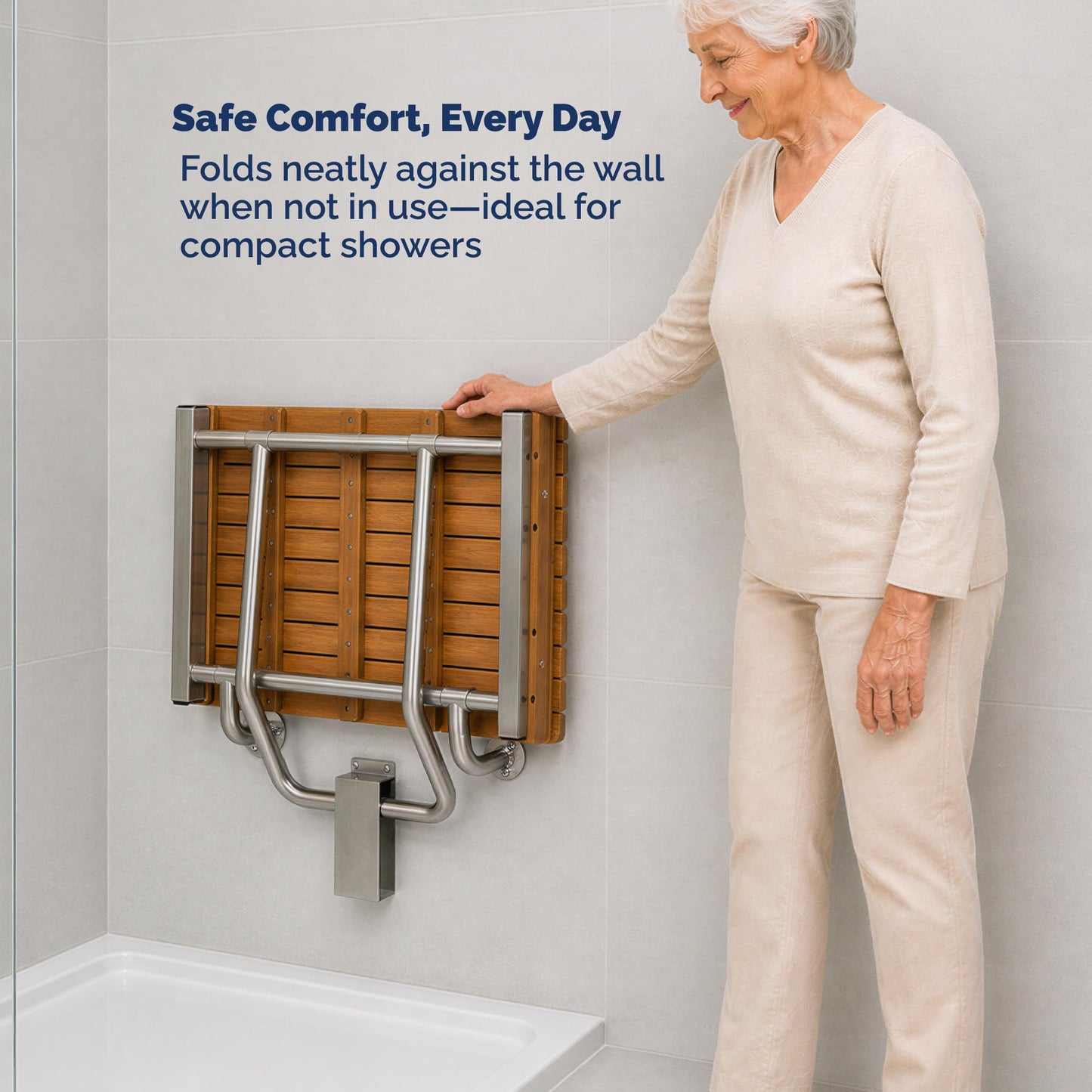 Teak Shower Seat Bench – ADA Compliant Folding Teak Shower Bench, Wall Mounted Fold Up Bath Seat, 400 lb Capacity, Waterproof Teak Wood (24 Inches)