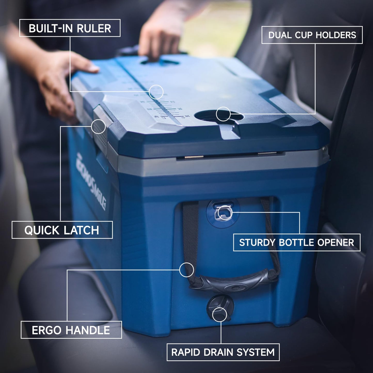 EchoSmile 35 Quart Insulated Cooler, Outdoor Portable Hard Cooler Ice Chest Box w/ 2 Cup Holders, Drain Plug, Bottle Opener, 3-Day Ice Retention for Camping, Beach, and Picnic,Navy