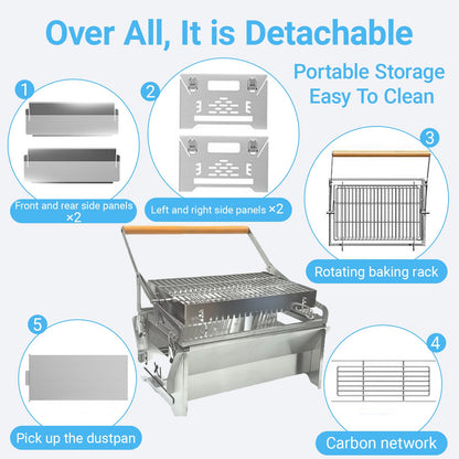 360° Rotating Charcoal Grill with Flipping Basket, Portable Stainless Steel BBQ Grill for Camping, Picnic & Backyard, Detachable Outdoor Barbecue Smoker Grill with Carry Bag, 15.6" × 15.4" × 11"