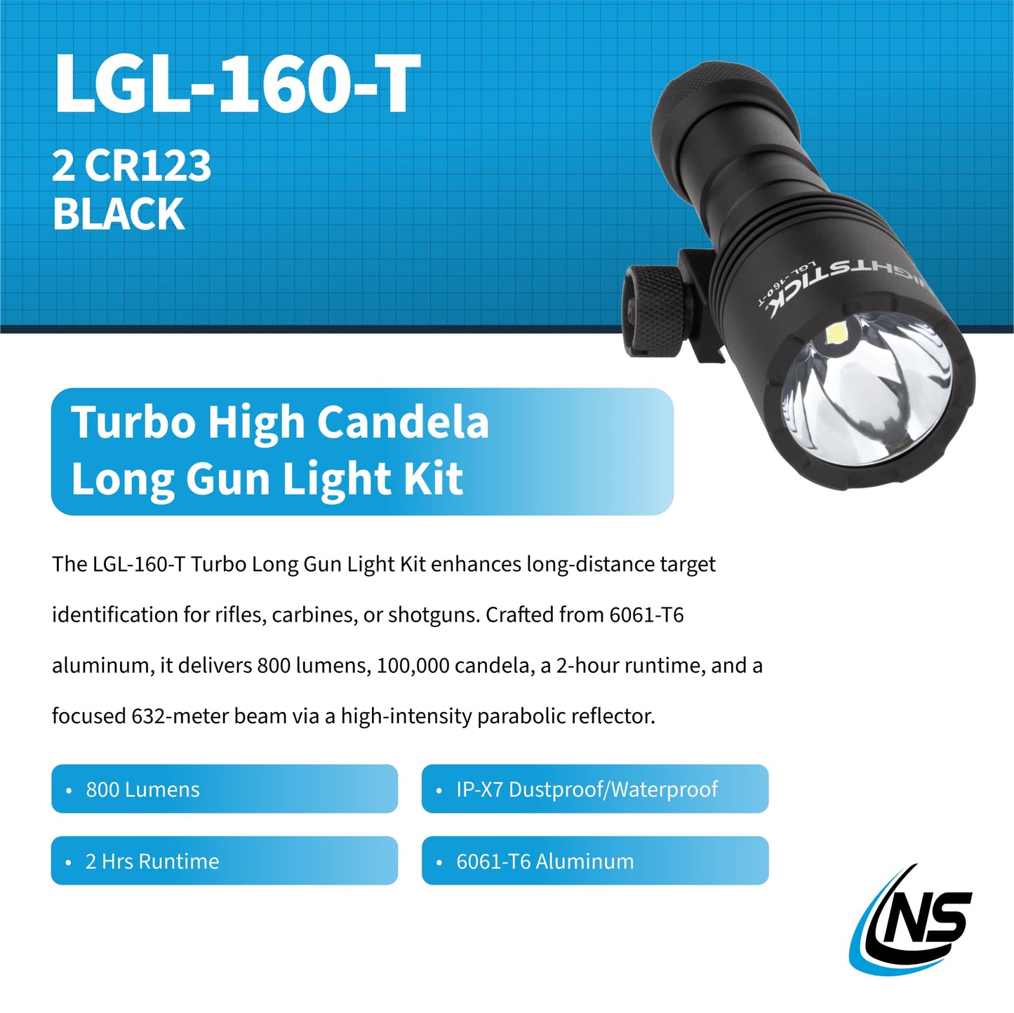 Nightstick LGL-160-T Turbo High Candela Long Gun Light Kit - 2 CR123 - Black