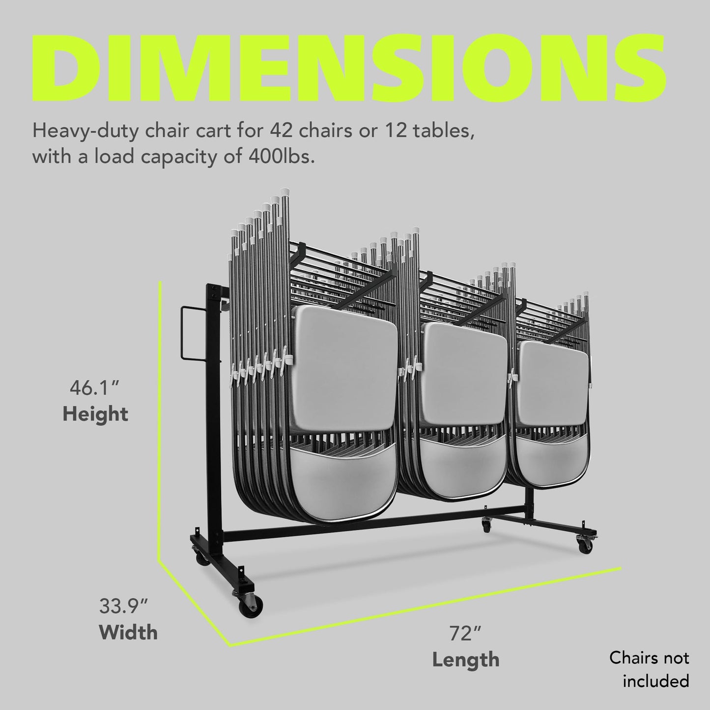Pearington Folding Chair Rack, 400 lb Capacity, Holds Up to 42 Chairs or 12 Tables, Large Wheeled Storage Cart for Events, Schools, Churches, Matte Black