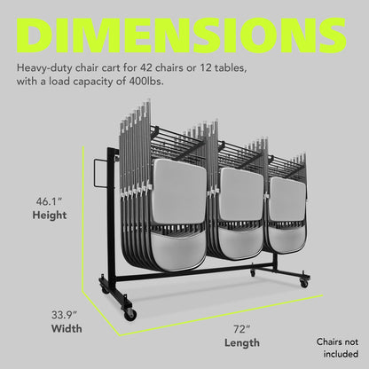 Pearington Folding Chair Rack, 400 lb Capacity, Holds Up to 42 Chairs or 12 Tables, Large Wheeled Storage Cart for Events, Schools, Churches, Matte Black