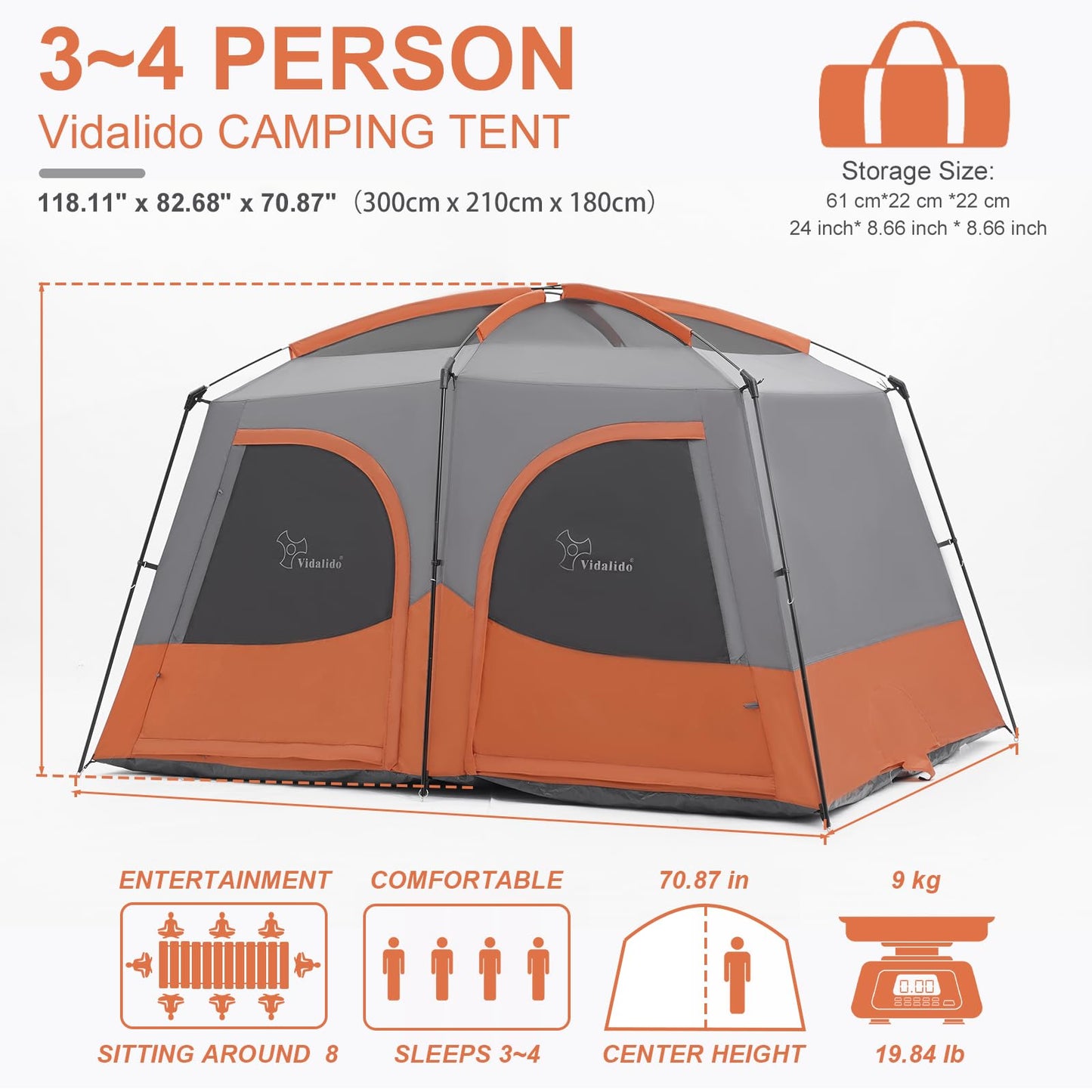 Vidalido Tents，3-4 Person Camping Tent with Extended Vestibule，Weather Resistant Family Tents with Breathable Mesh Windows，Easy Install Waterproof Outdoor Tent for Backpacking and Camping Hiking