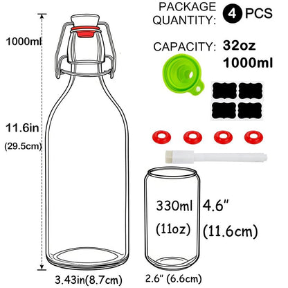 4 Pack Swing Top Glass Bottles 32 oz,Flip Top Glass Bottles 32 oz with Airtight Lids for Home Brewing,Kombucha,Kefir,Vanilla Extract,Beer,Oil,Vinegar,Homemade Juices,Soda,Beverages,2nd Fermentation