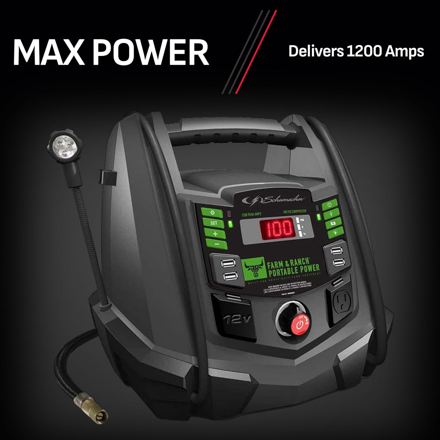 Schumacher Electric Farm & Ranch 1200A Car Battery Jump Starter and Portable Power Station, 5-in-1 Solution for 12V Batteries, 100-PSI Air Compressor, 200 Continuous/400 Peak Watt Inverter, FR01337