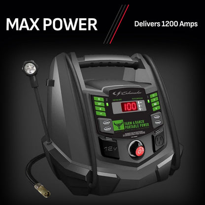 Schumacher Electric Farm & Ranch 1200A Car Battery Jump Starter and Portable Power Station, 5-in-1 Solution for 12V Batteries, 100-PSI Air Compressor, 200 Continuous/400 Peak Watt Inverter, FR01337