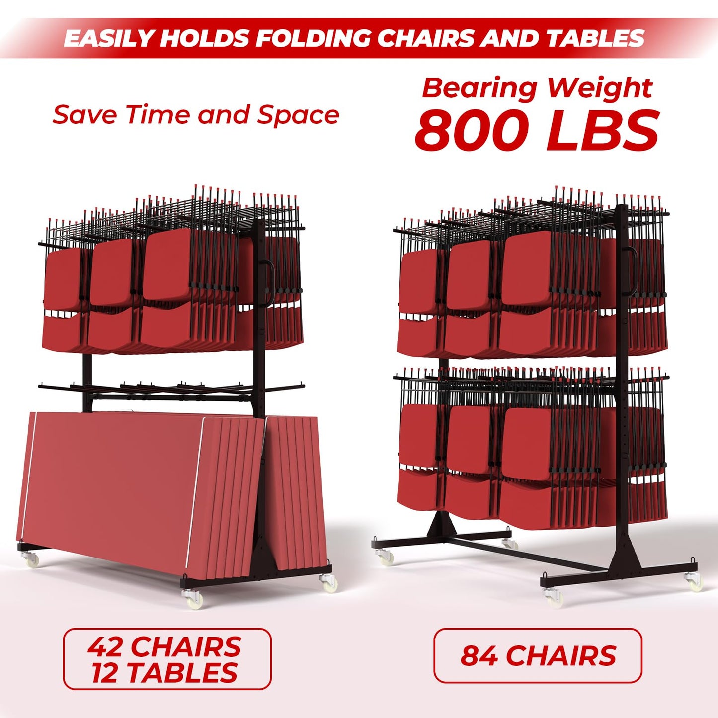 Folding Chair Rack, Heavy-Duty Folding Chair Cart with Storage Rack, 800 LBS Capacity Dual-Layer Chair Storage Dolly Holds 84 Folding Chairs or 42 Chairs+12 Table with Waterproof Cover