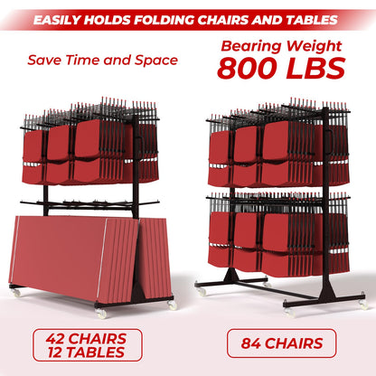 Folding Chair Rack, Heavy-Duty Folding Chair Cart with Storage Rack, 800 LBS Capacity Dual-Layer Chair Storage Dolly Holds 84 Folding Chairs or 42 Chairs+12 Table with Waterproof Cover