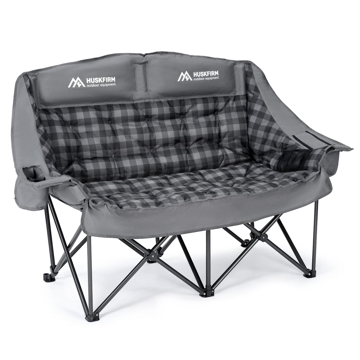 Huskfirm Padded Double Camping Chair High Back 2 Person Camping Chair Oversized Camping Loveseat Support 800LBS Heavy Duty Camping Couch with Cup Holders, Cooler, Carry Bag, Grey