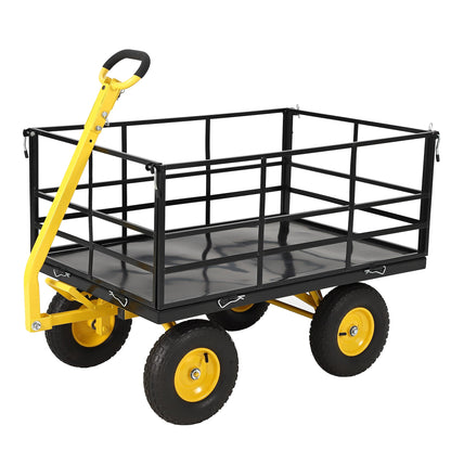 Patikuin 1500 lbs Heavy Duty Steel Garden Cart – Removable Mesh Sides – 13-Inch All-Terrain Wheels – Swivel Yellow Handlebar – Quick Dump – Folding Utility Yard Wagon for Soil, Tools, Plants – Black