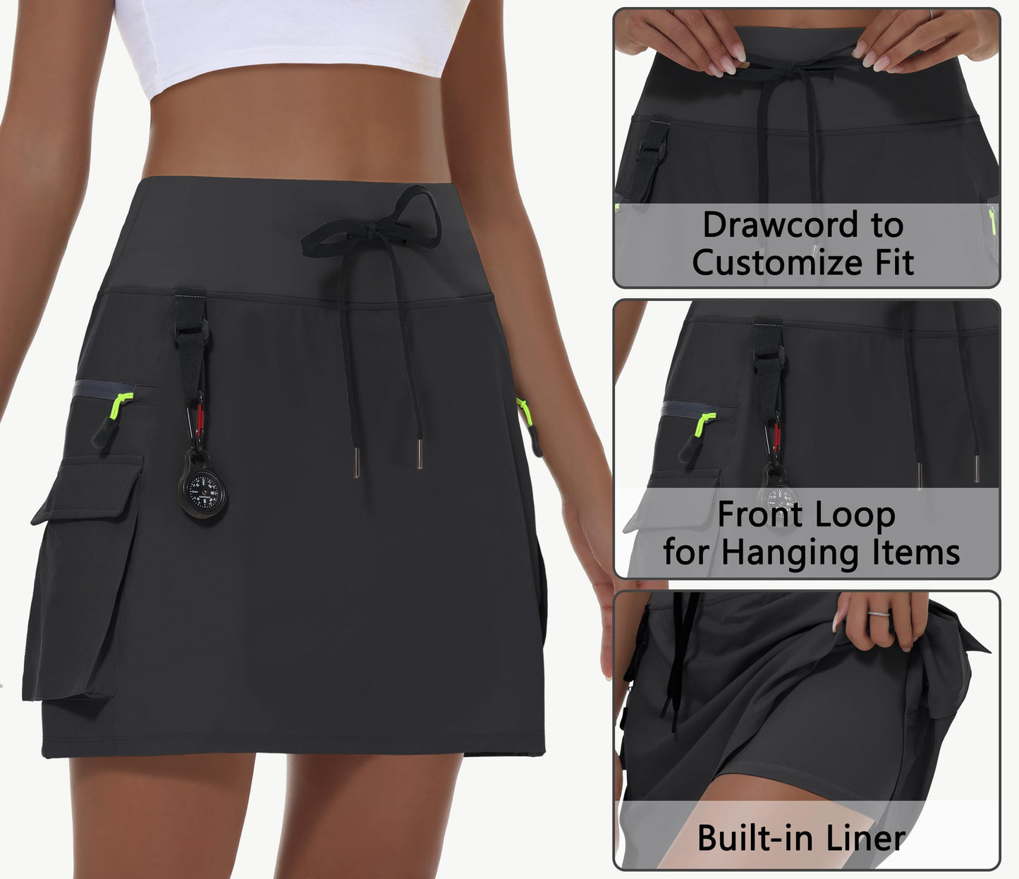 MIVEI Women's Hiking Cargo Skort Skirt High Waisted Golf Dressy Casual with Zipper Pockets Workout Sport Quick Dry Skirts Black